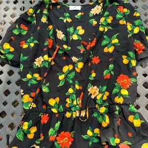 Socialite Black Floral Tie-Front Blouse with Lemon Print